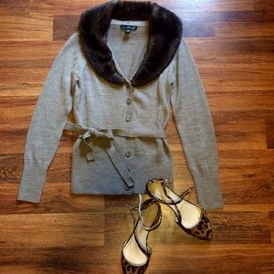 Brown Fur Collar Cardigan with Sash
