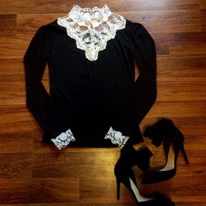 Black and White High Collar Blouse Top