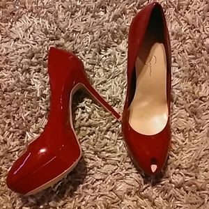 Red peep toe pumps