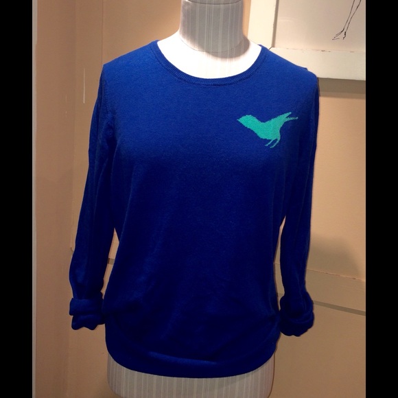 Vibrant crew neck sweater with bird detail.