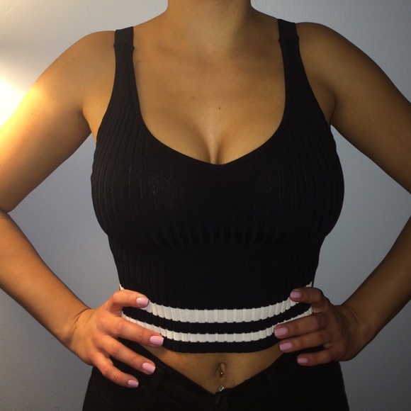 black white varsity style crop top tank