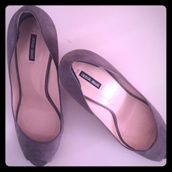 Grey 4" Giorgio Armani suede peep toe heels