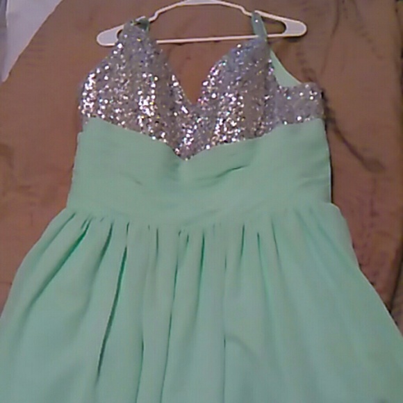 Mint green dress with silver diamonds and sequins