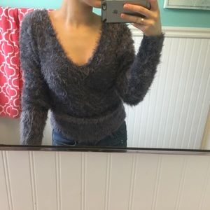 Fuzzy blue-gray v neck sweater