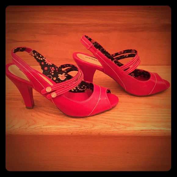 Red open toed pumps