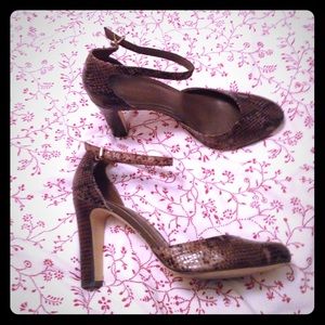 Strapped snakeskin pattern heels