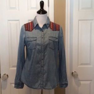 Denim shirt with colorful shoulder patches