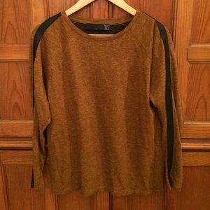 Mustard color tee with faux arm leather stripes