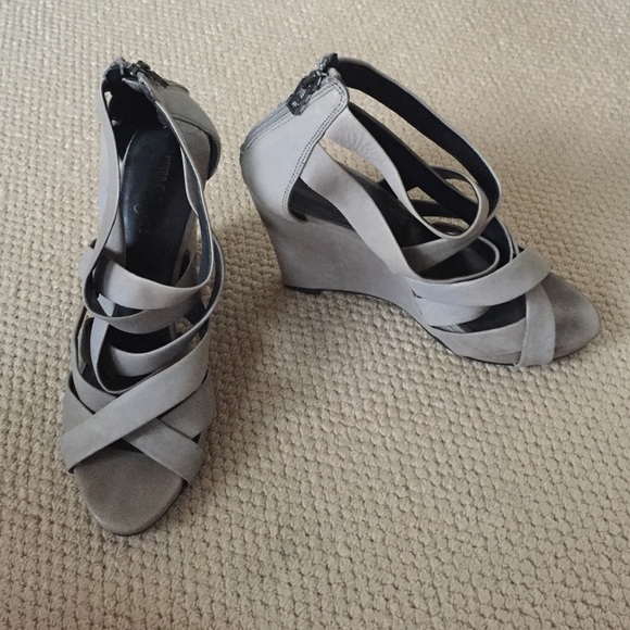 Kelsi Dagger grey leather strappy wedge heels