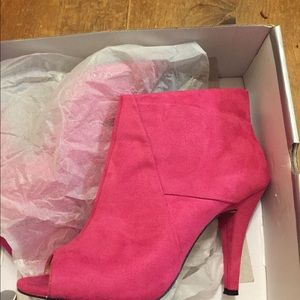 Shoedazzle pink suede peep toe ankle boots.