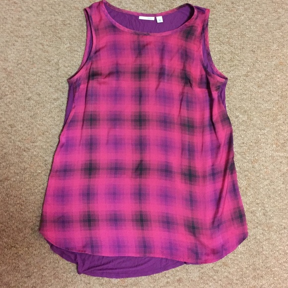 Halogen Purple & Pink Plaid Satin Top Size Large