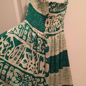 Green & White Strapless Silk Dress