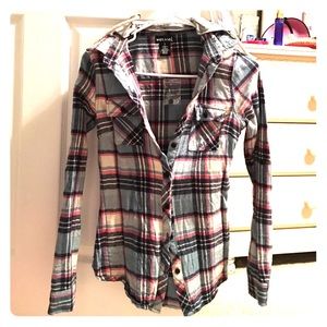 Button down plaid top with hood