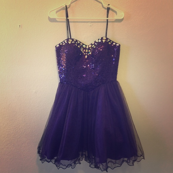 Purple shoe strapless dress with gems and sequins