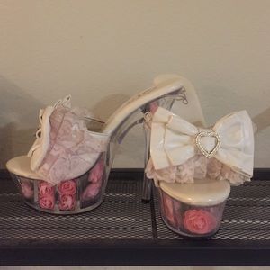 Cute white bow and pink rose 6inch clear heels❤️