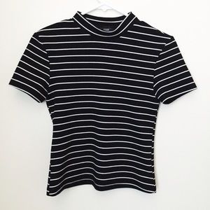 Black and white striped mock neck top