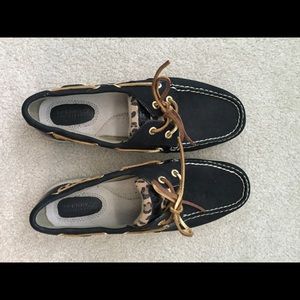 Black sperrys with cheetah trim