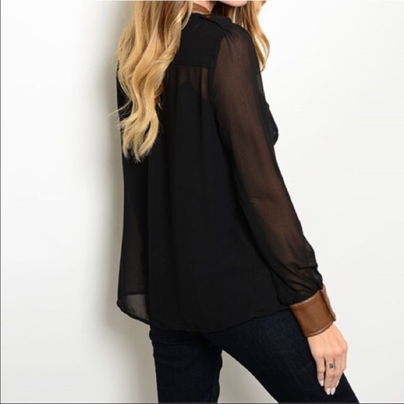 Sheer Blouse with Faux Leather Trim - Picture 2 of 3