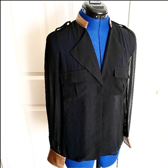 Sheer Blouse with Faux Leather Trim - Picture 3 of 3