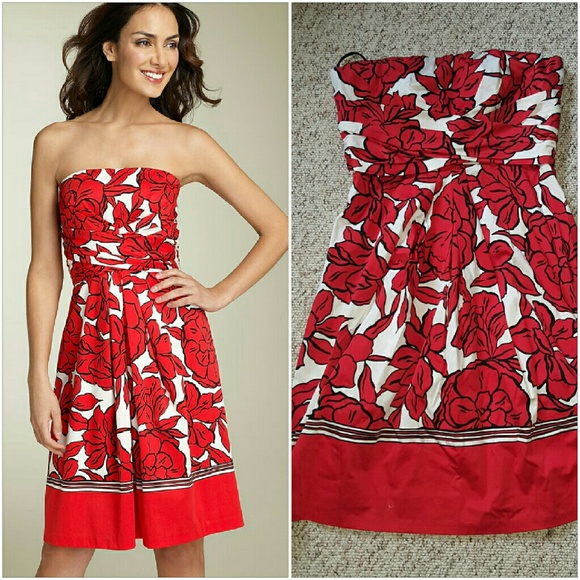 red floral strapless dress Donna Ricco 10