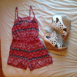 Tribal patterned red and blue romper