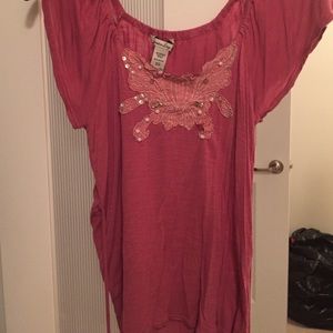 Pink scoop neck butterfly top with jewls