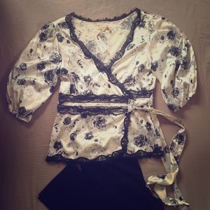 Silk blend floral wrap blouse