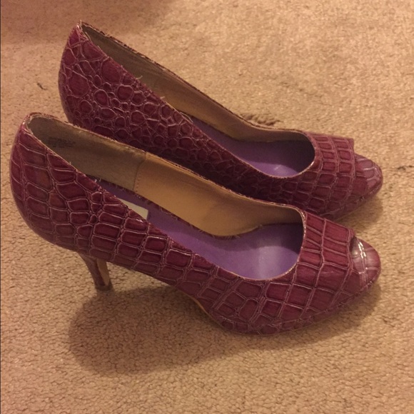Purple Faux Snake Skin Peep Toe Heels