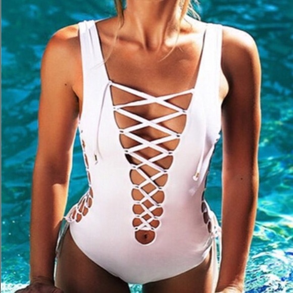 White lace-up swimsuit/bodysuit
