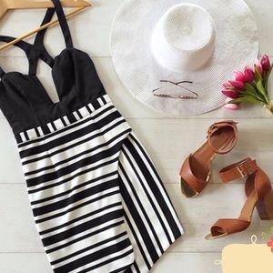 Deep V Bandage stripe dress w/ sexy cross back M