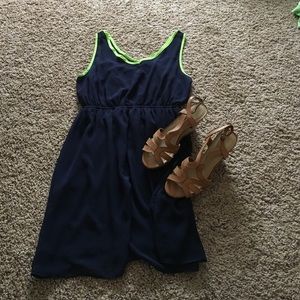 Navy and Neon Green V-Neck Dress