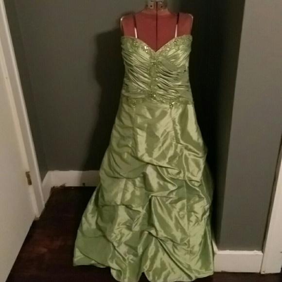 Long strapless dress.