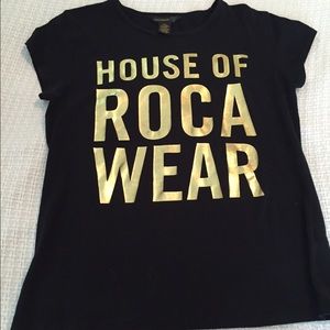Black Rocawear shirt with gold lettering.