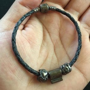 Black Leather Pandora Charm Bracelet (w/ 3 charms)