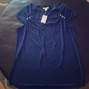 Navy Short-Sleeve Blouse with Silver Embellishment