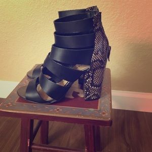 Black/Snakeskin Strappy Block Heels.
