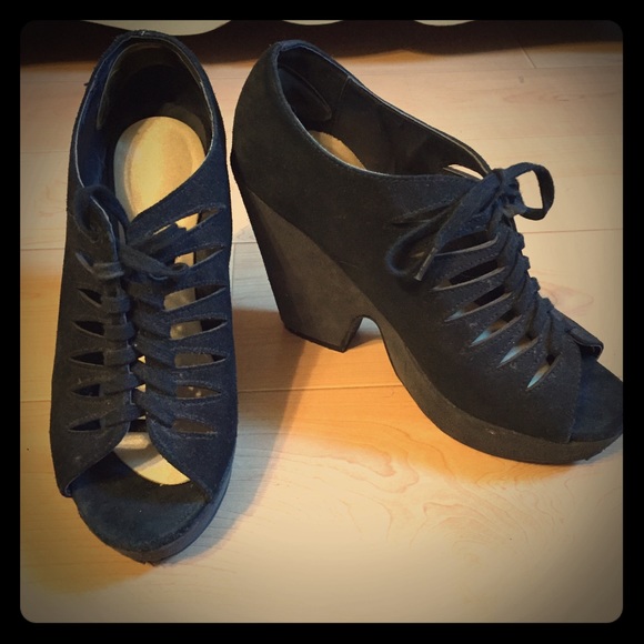 Deena & Ozzy Black Lace Up Sandal Platform Heels - Picture 1 of 4