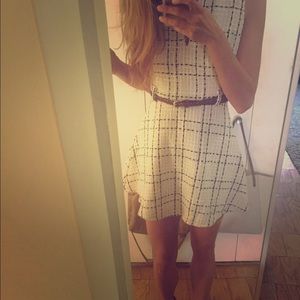 Herringbone v neck dress with cream and black