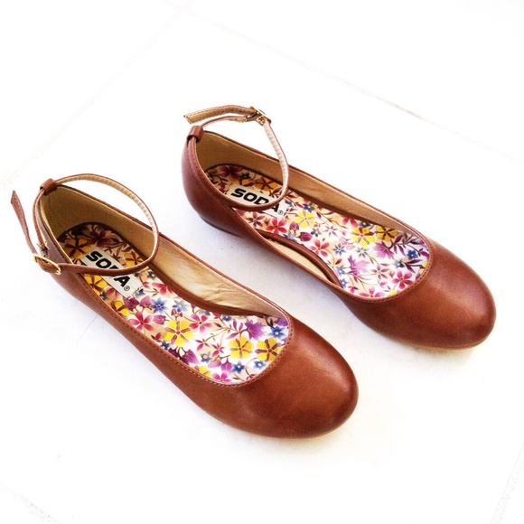 NEW Soda Brown Pleather Ankle Strap Flats Shoes