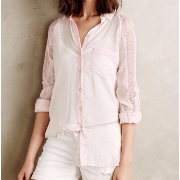 Anthropologie Tops - NWT Anthropologie Lace Sleeve Buttondown Pink Sz M