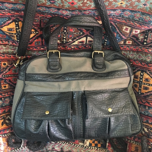 GREY CANVAS AND FAUX LEATHER BAG