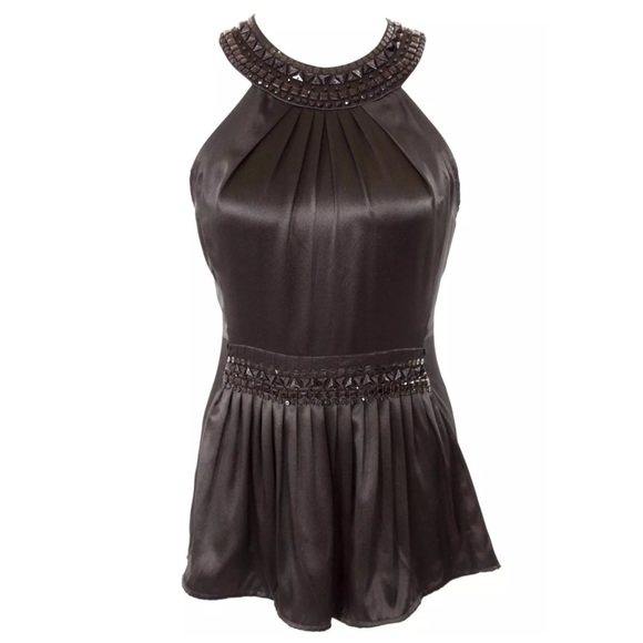 BCBGMaxAzria Black Silk Beaded Halter Top - Picture 1 of 4