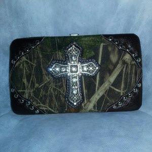 Camouflage Wallet With Bedazzled Cross Detail