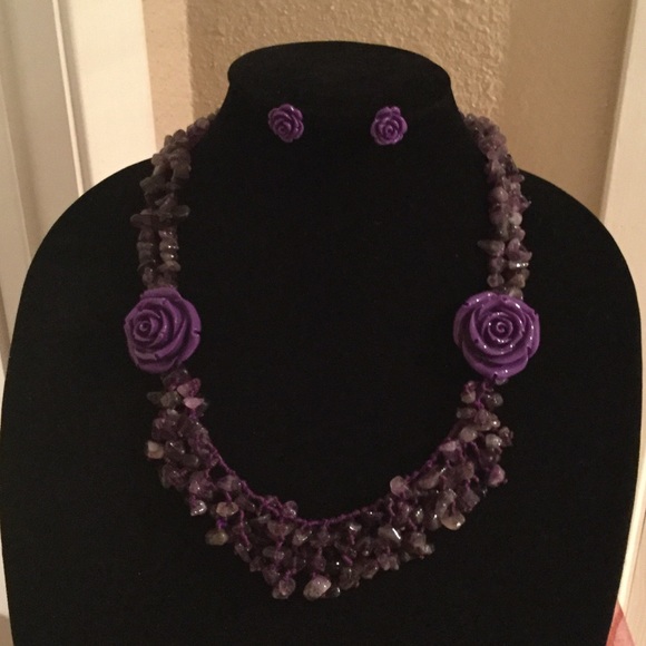 Genuine amethyst chip bead necklace set - Picture 1 of 3
