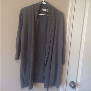 Gray long open cardigan and red vs scarf