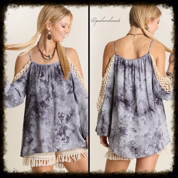 Blue Gray Tie Dye Cold Shoulder Top - Picture 2 of 2