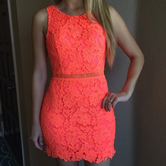 Dresses & Skirts - Neon Coral Crochet Dress (LAST SMALL!)