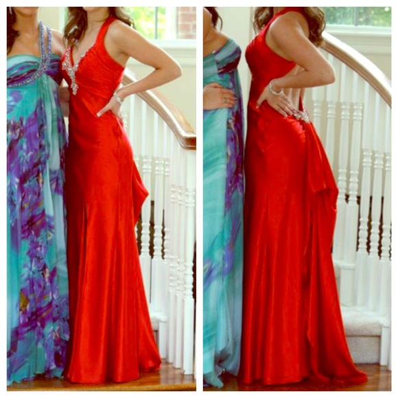 Red silky floor length formal gown