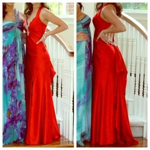 Red silky floor length formal gown