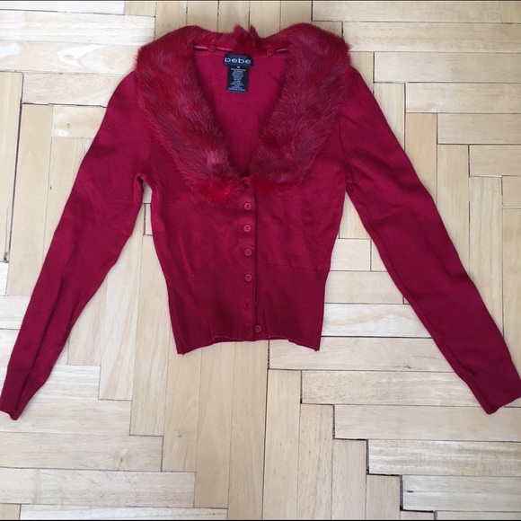 bebe Sweaters - Bebe red cardigan with removable furry collar XS